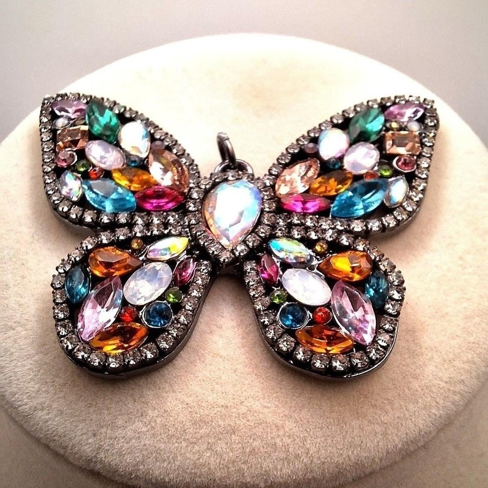 Multi color butterfly pendant glass pears marquise round gun metal silver tone